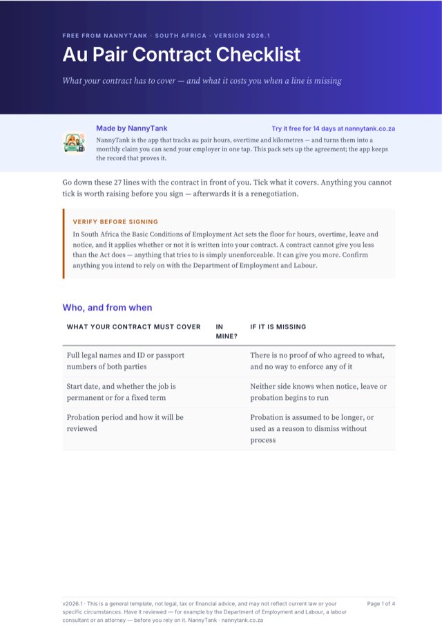 First page of the Au Pair Contract Checklist