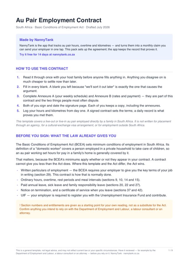 First page of Au Pair Employment Contract (South Africa)