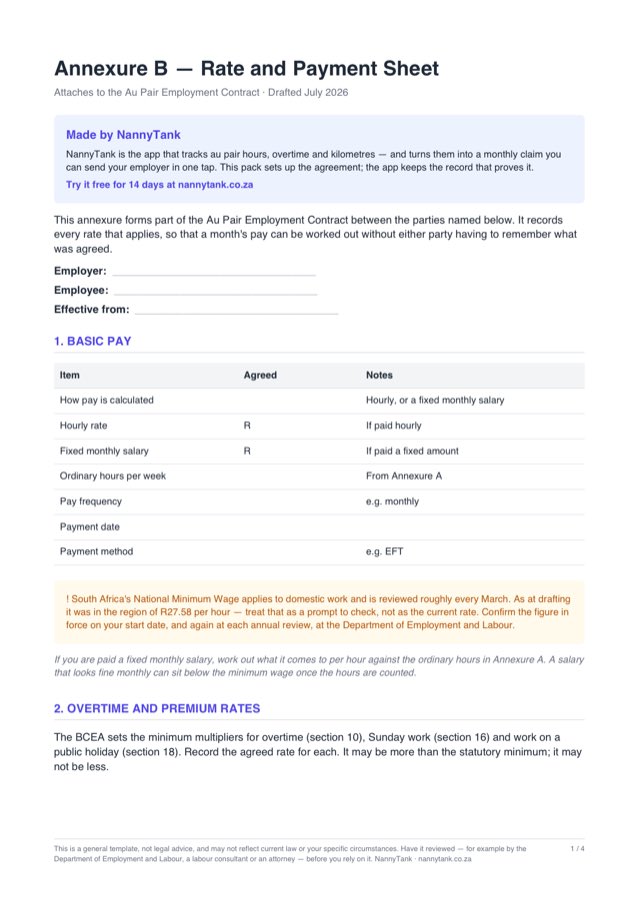 First page of Annexure B - Rate and Payment Sheet