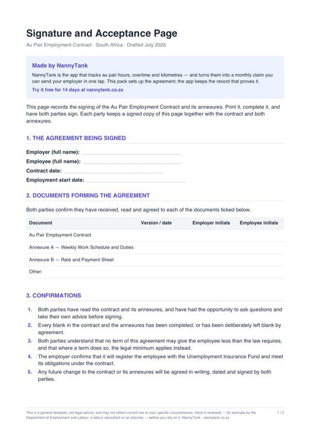 First page of Signature and Acceptance Page