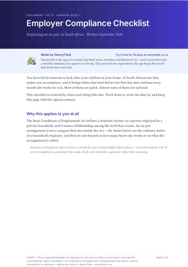 First page of Employer Compliance Checklist (South Africa)