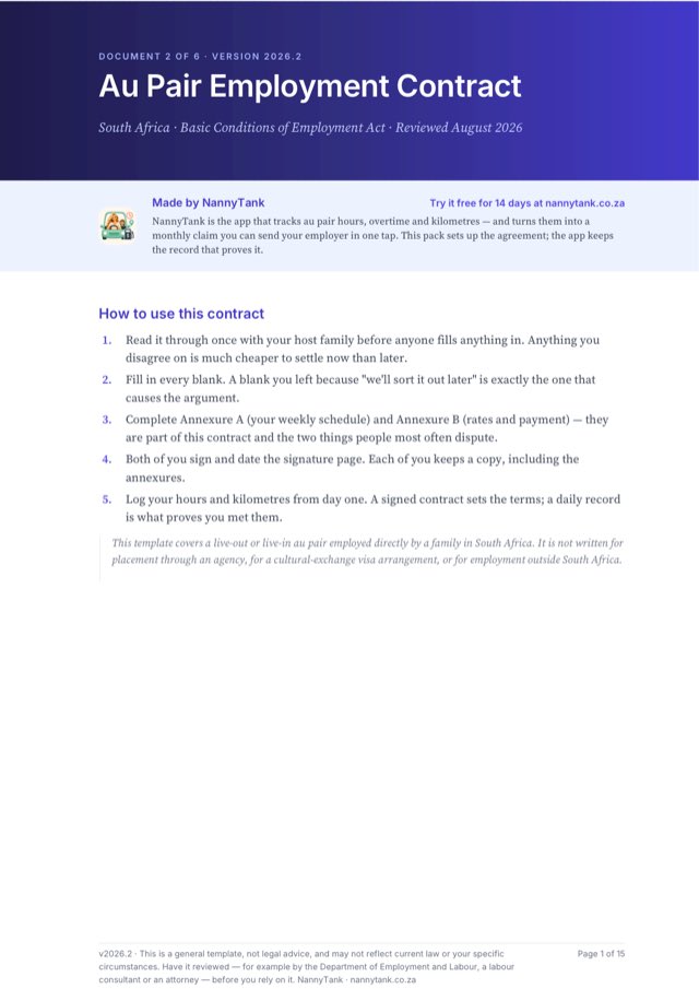 First page of Au Pair Employment Contract (South Africa)
