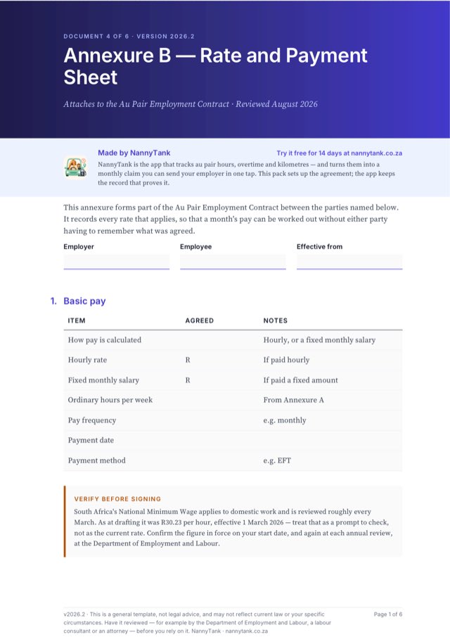 First page of Annexure B - Rate and Payment Sheet