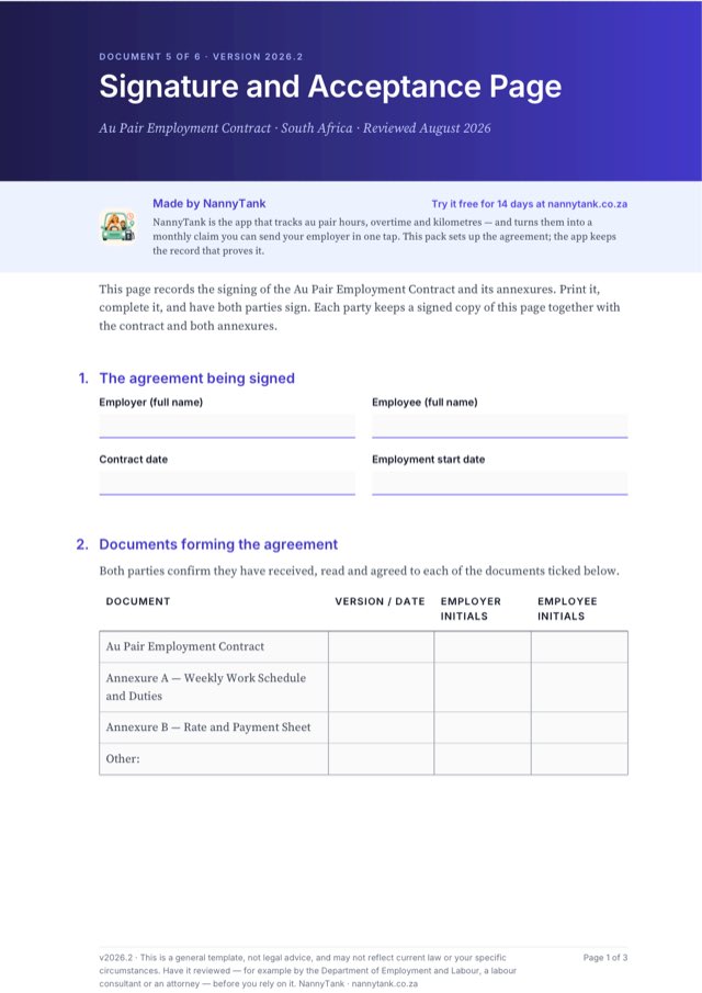 First page of Signature and Acceptance Page