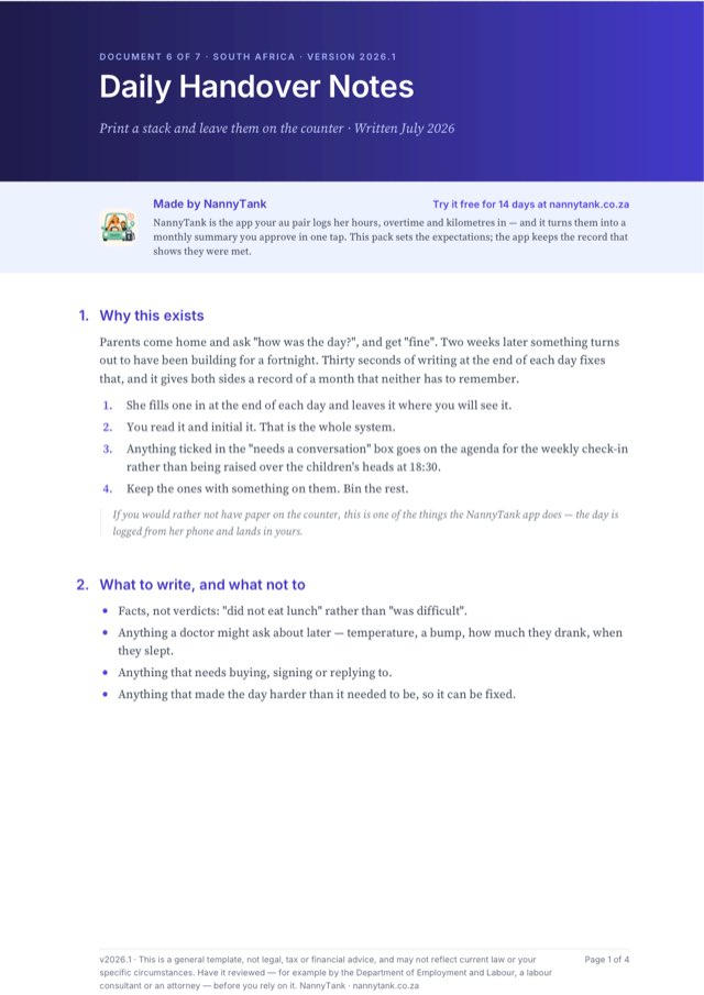 First page of Daily Handover Notes