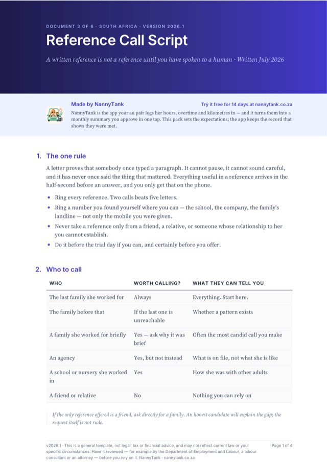 First page of Reference Call Script
