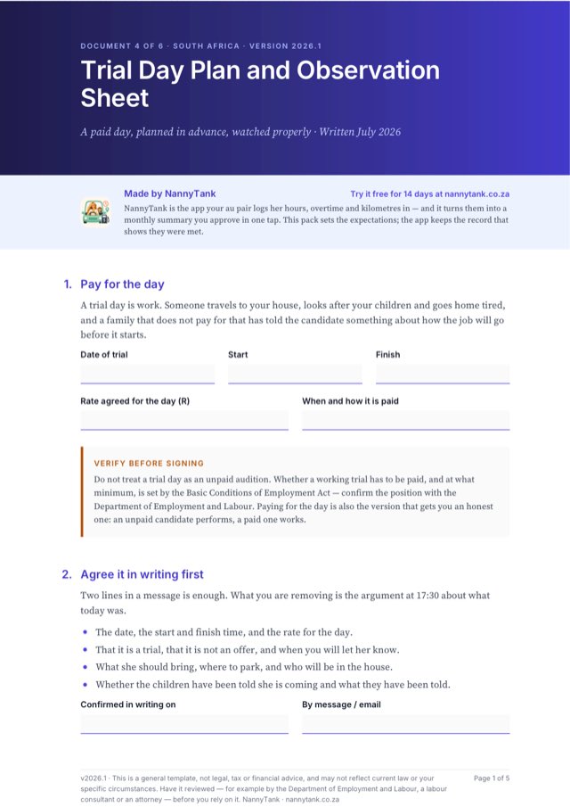 First page of Trial Day Plan and Observation Sheet