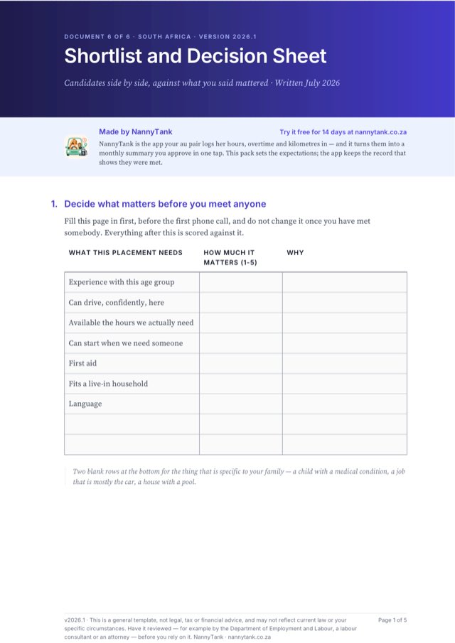 First page of Shortlist and Decision Sheet