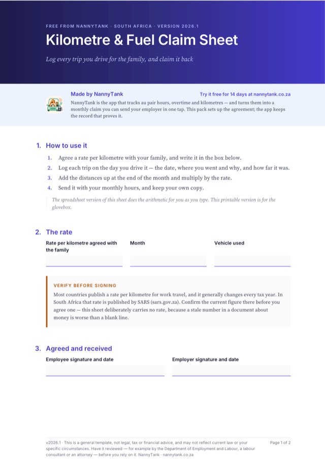First page of the Kilometre & Fuel Claim Sheet