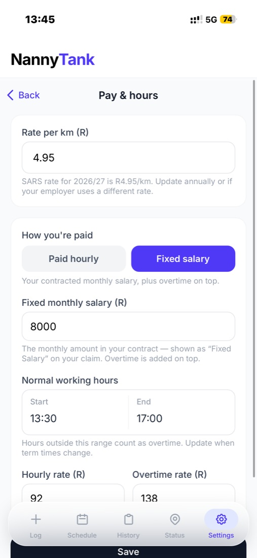 NannyTank pay and hours settings