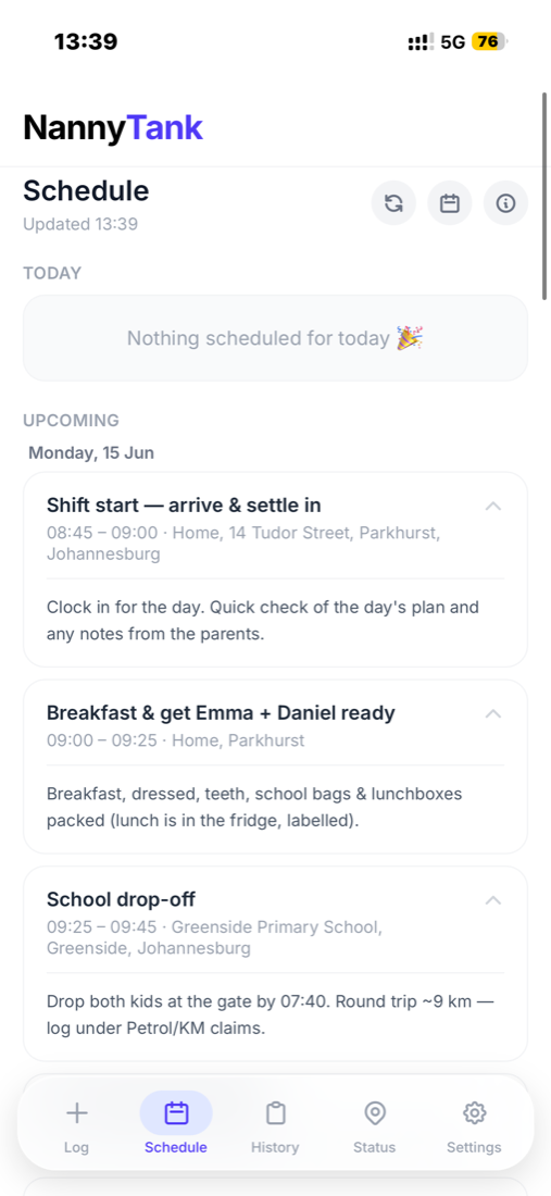 NannyTank schedule